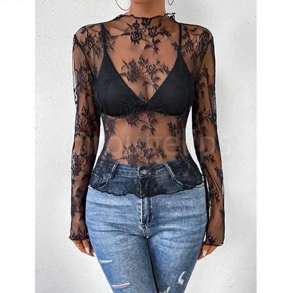Black Lace Sheer Floral Long Sleeve Top Shirt - Picture 6 of 8